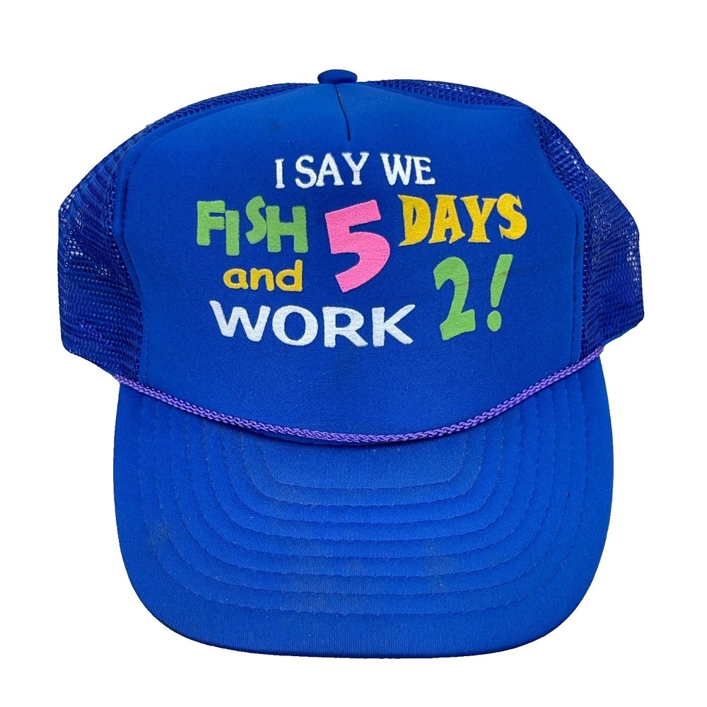 Vintage Fishing Trucker Hat Cap SnapBack 90s Funny Joke Saying Rope Y2K Mesh